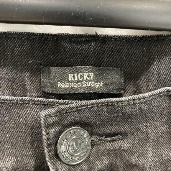 True Religion Ricky Jeans Mens 34 Black Denim Relaxed Straight Buddha Patch Logo - Picture 3 of 7